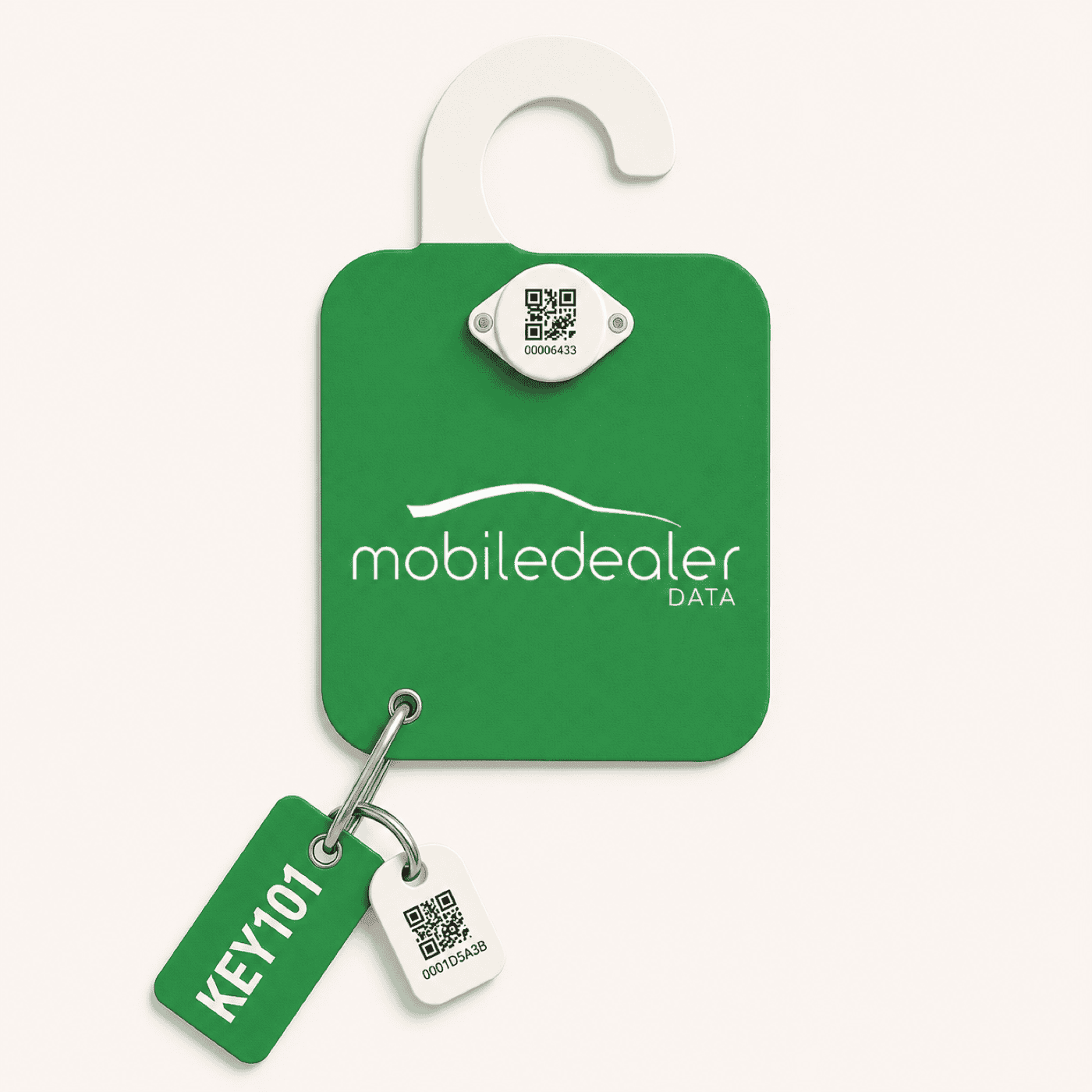 MDD window placard with a Bluetooth tracking tag and a numbered key tag on a ring