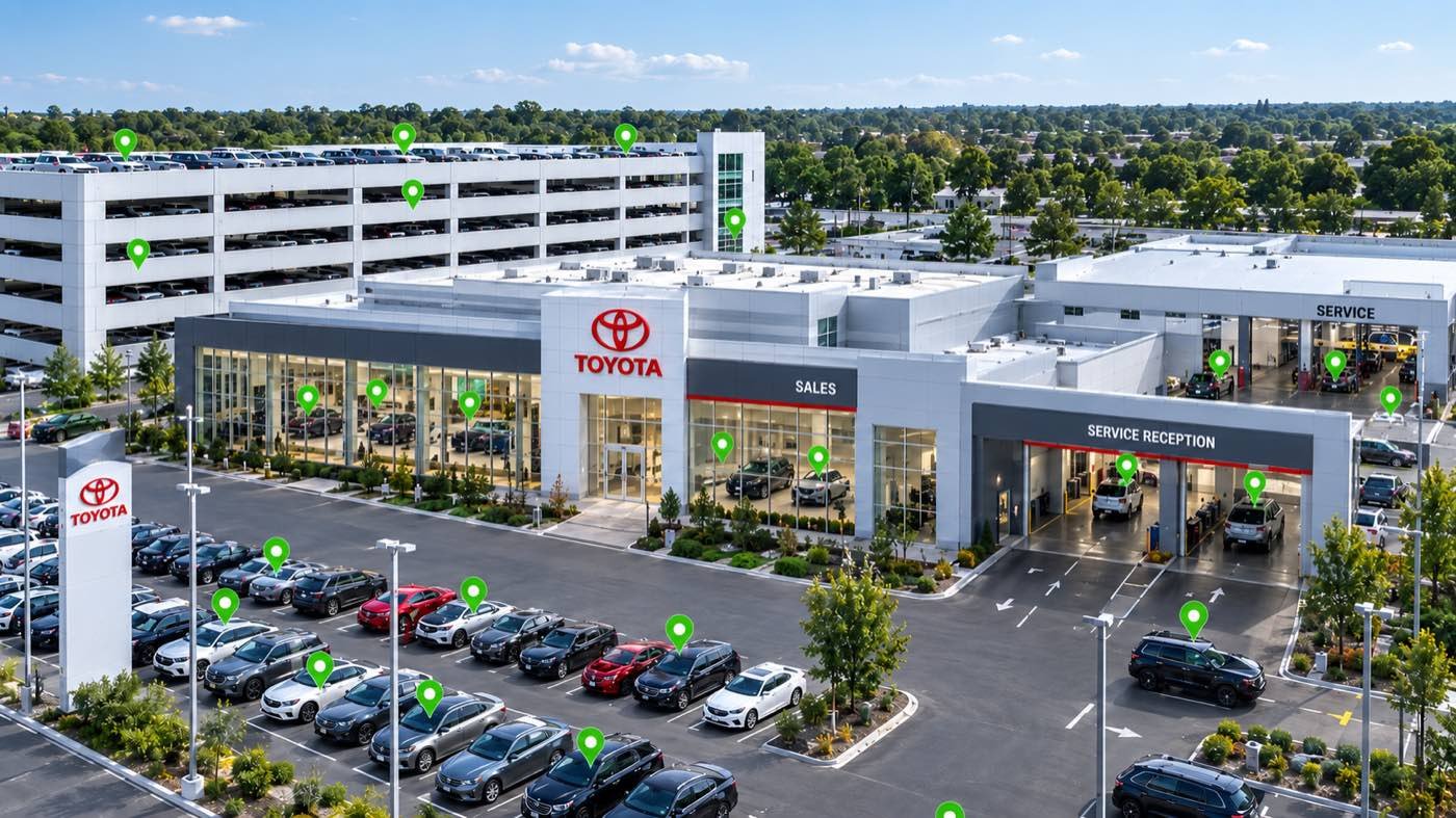 A dealership showroom, service drive and parking structure with every vehicle pinpointed by MDD