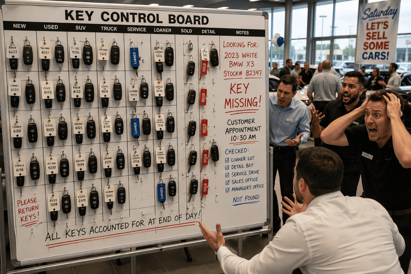A dealership key control board with a 2023 BMW X3 key marked MISSING while the sales team panics before a customer appointment — the chaos MDD eliminates