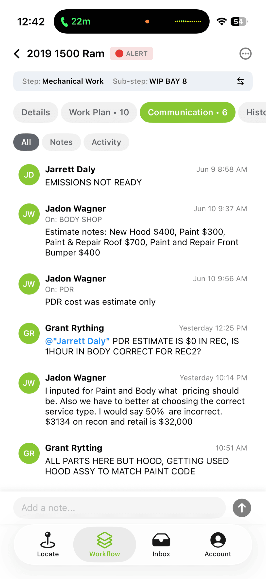 MDD mobile app showing customer communication tied to a vehicle
