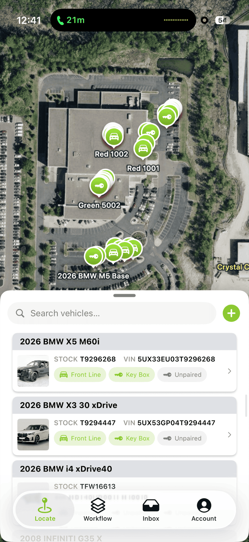 MDD Locate mobile app showing a vehicle's exact location on the dealership lot