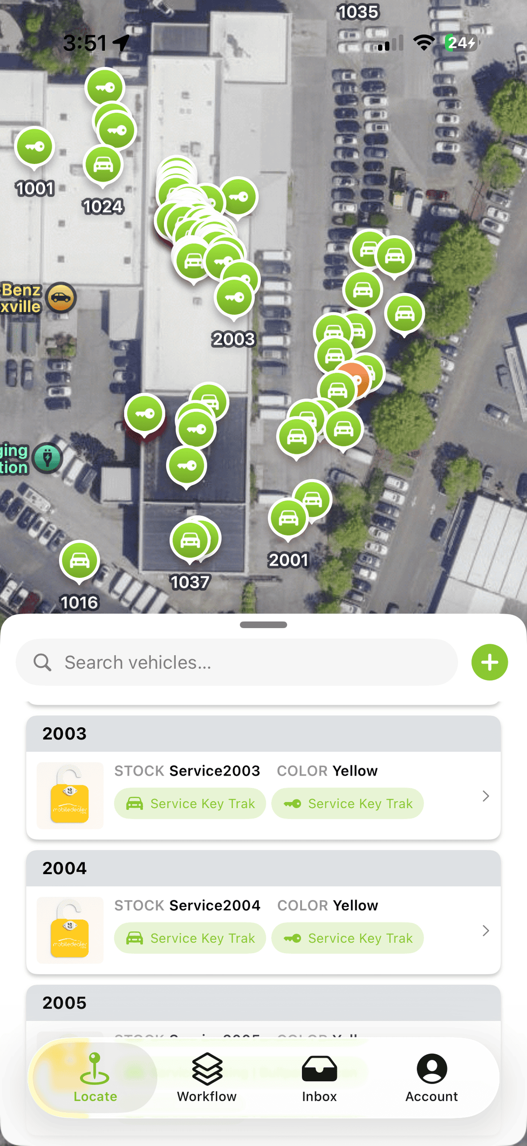MDD Locate mobile app showing every tracked vehicle and key across a multi-building dealership lot