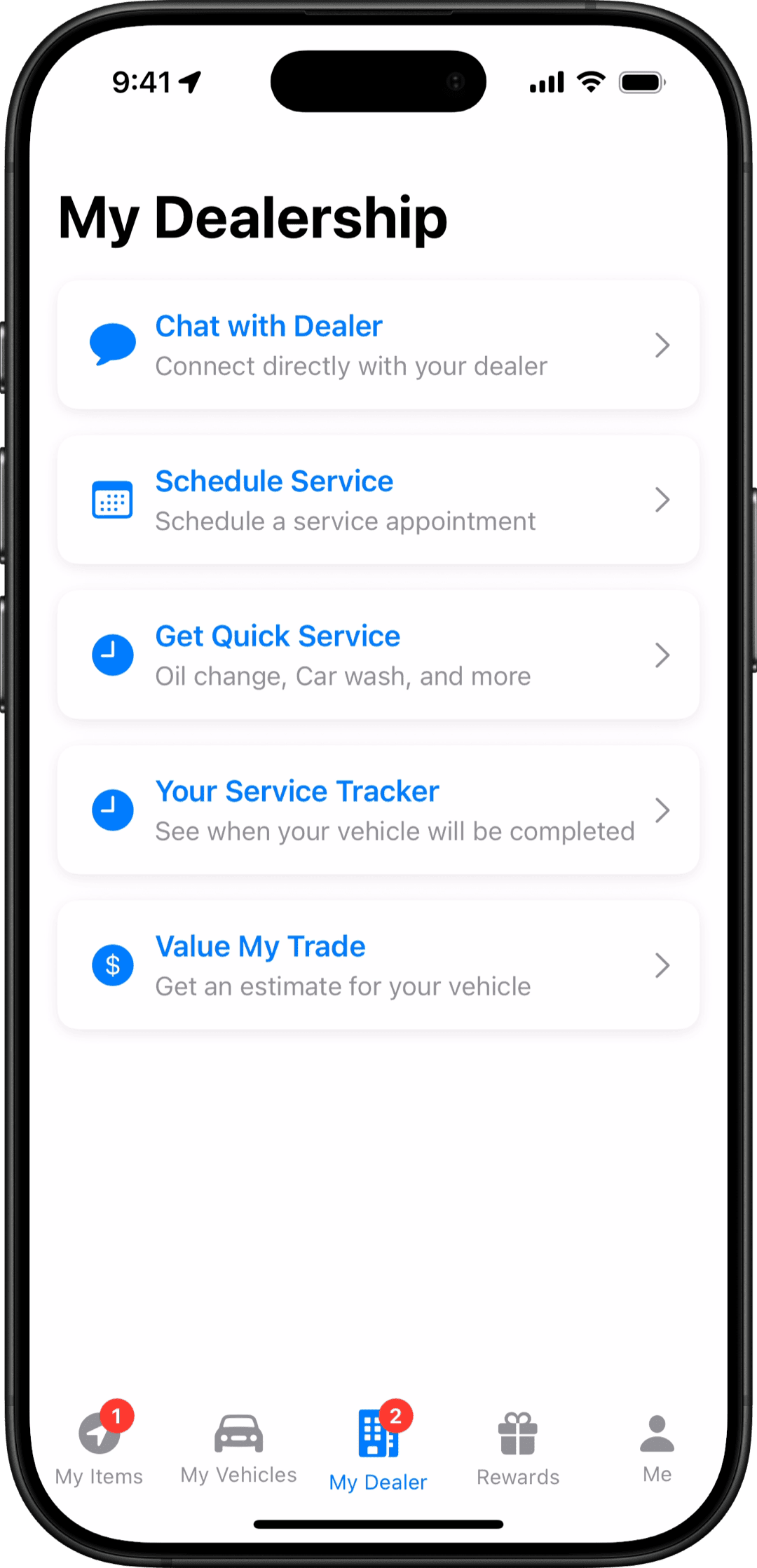 VehicleVault My Dealership screen with chat, schedule service, service tracker and trade valuation