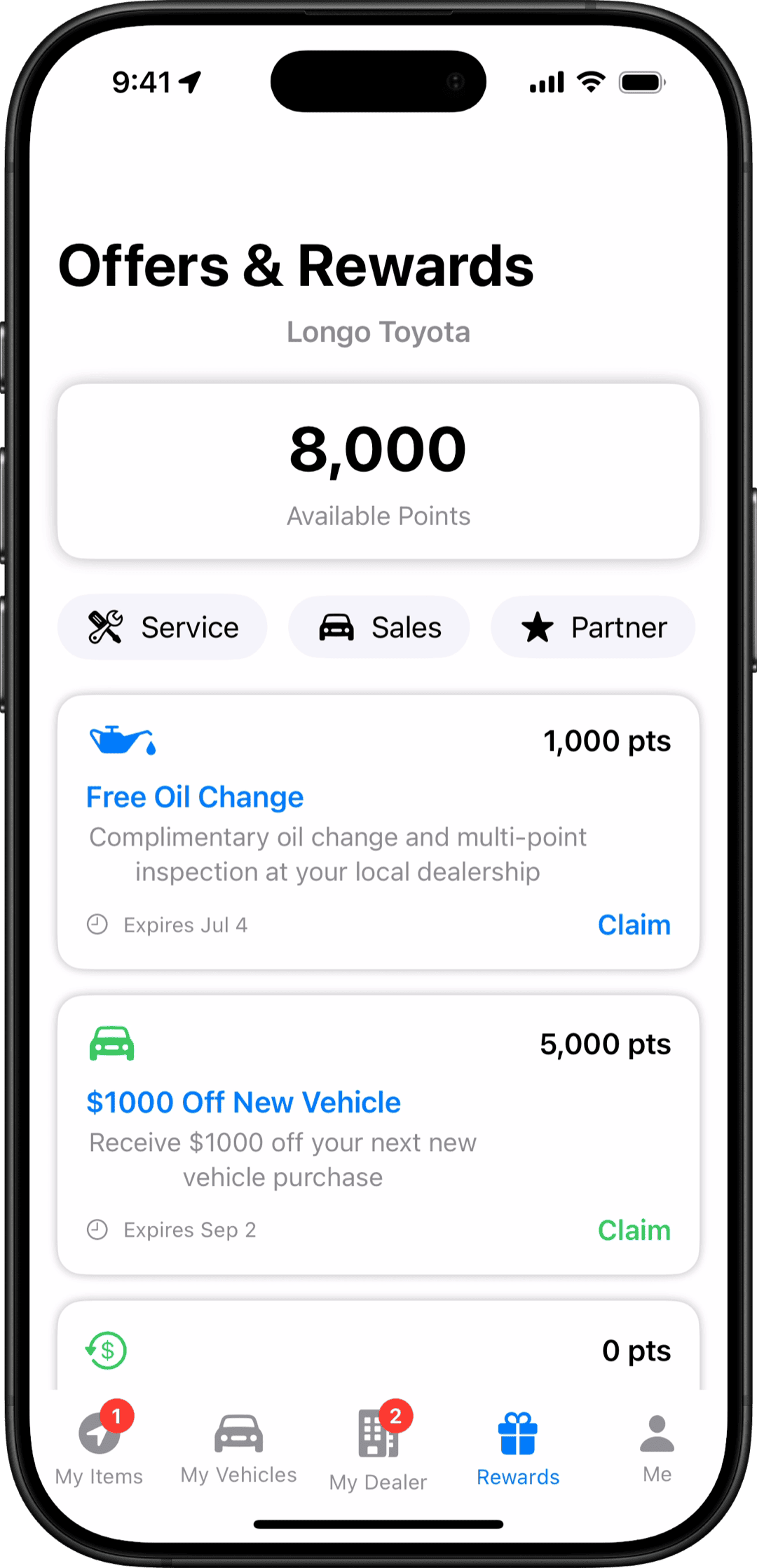 VehicleVault Offers and Rewards screen showing dealer-branded loyalty points and redeemable offers