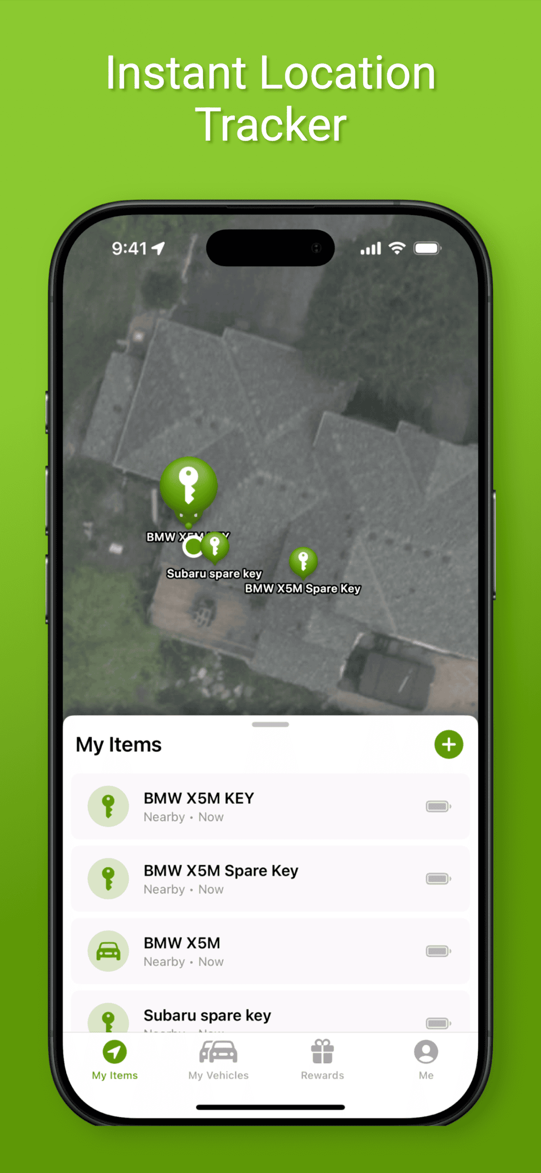 VehicleVault app — Instant Location Tracker showing keys on a map