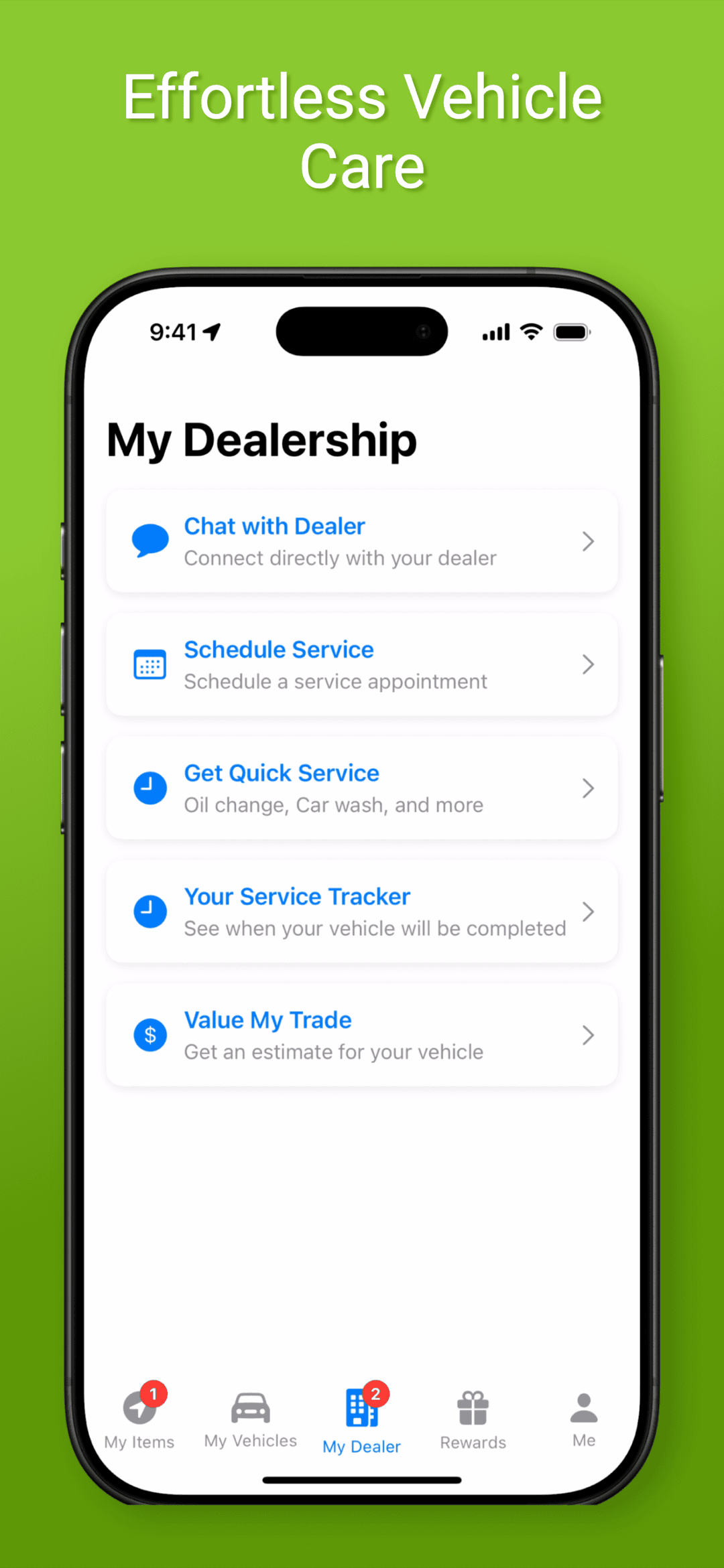 VehicleVault app — Effortless Vehicle Care, the dealer-branded My Dealership hub