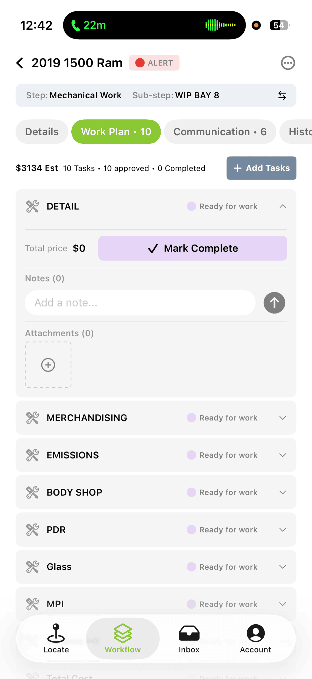 MDD Work Plan mobile app showing the day's recon tasks