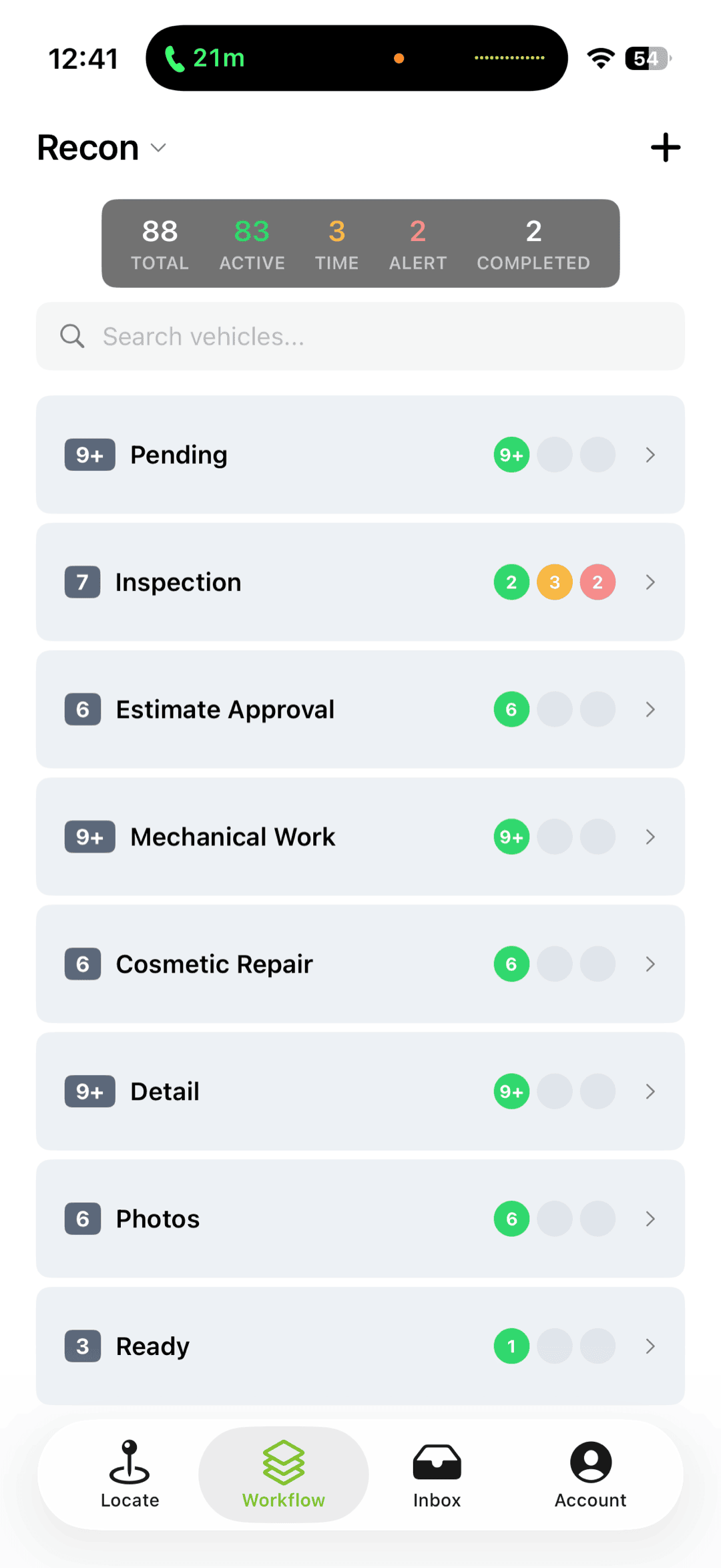 MDD Workflow mobile app showing a vehicle's current stage