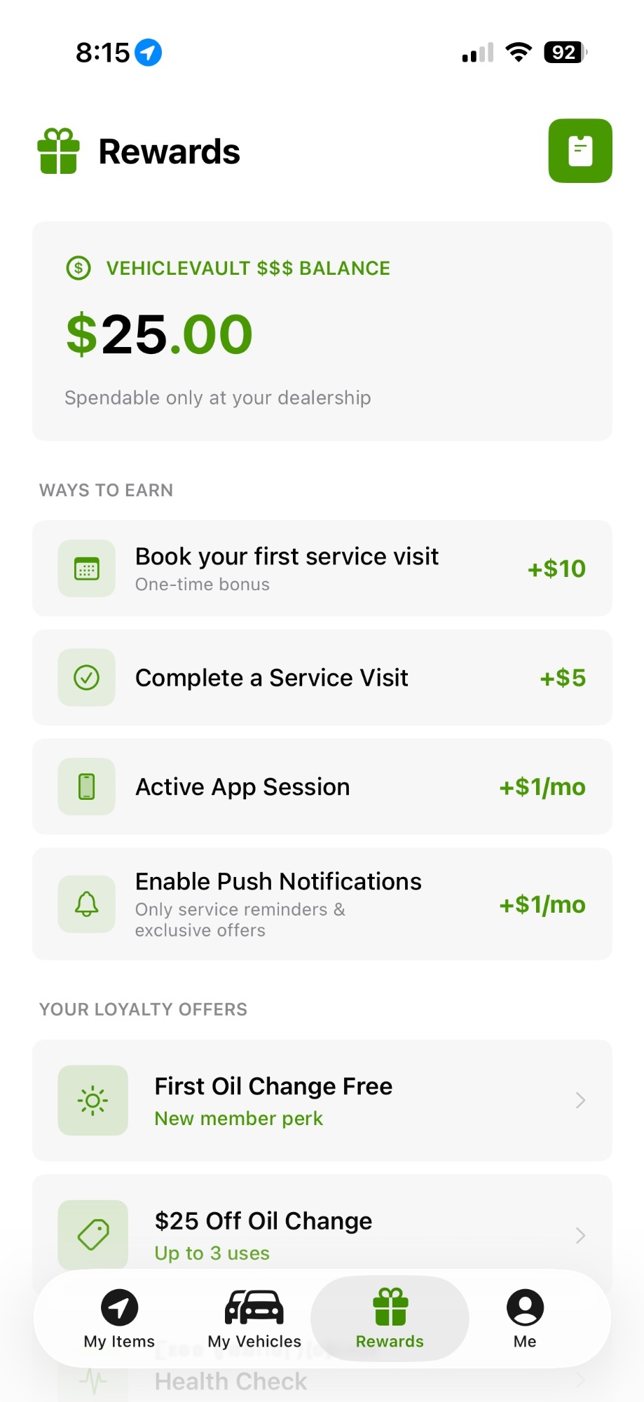 VehicleVault rewards program