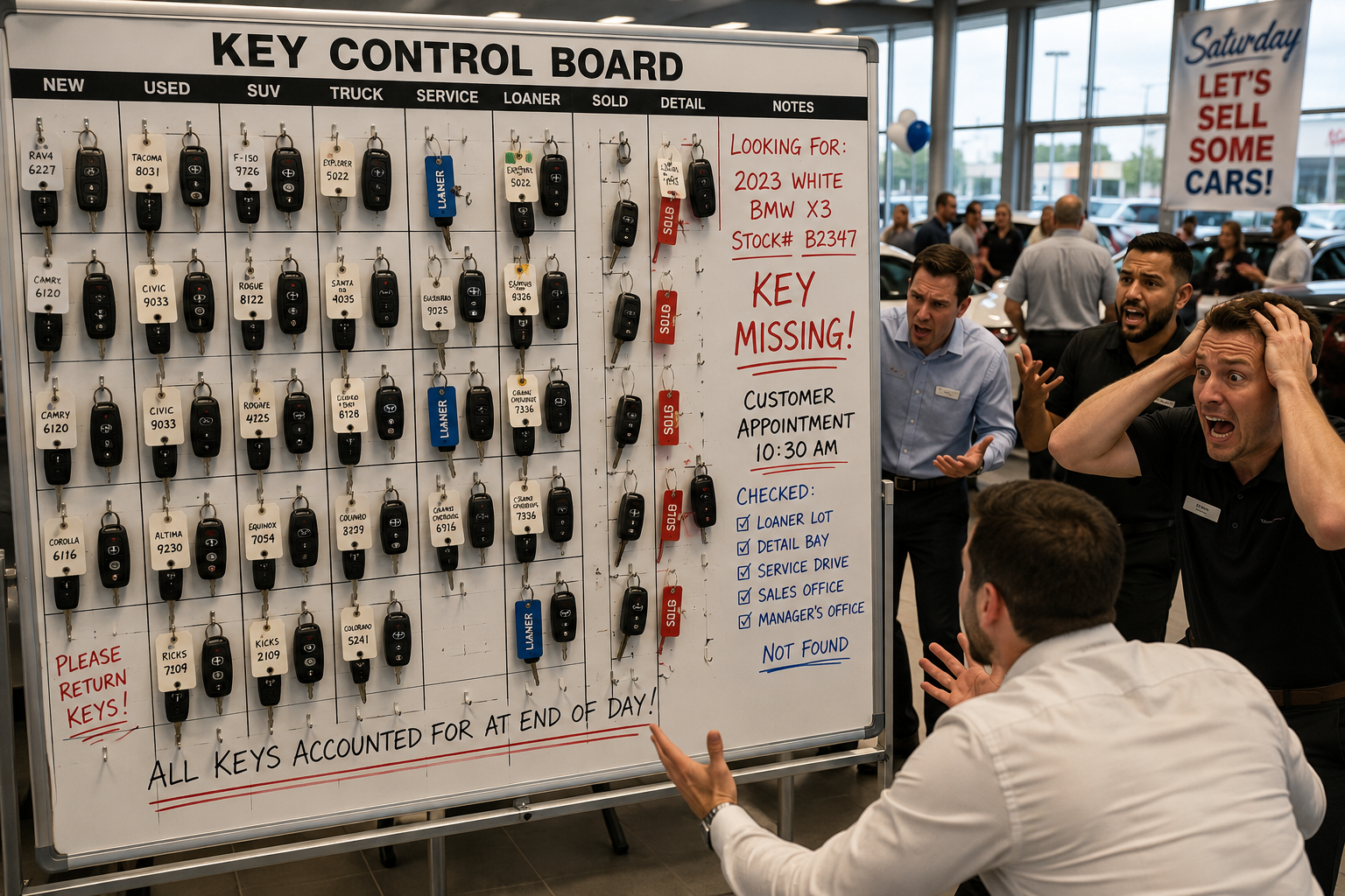 A dealership key control board with a 2023 BMW X3 key marked MISSING while the sales team panics before a customer appointment — the chaos MDD eliminates