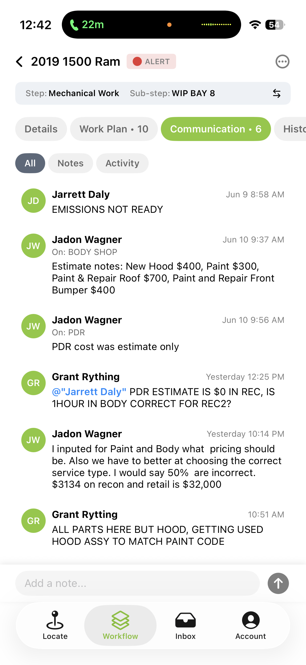 MDD mobile app showing customer communication tied to a vehicle