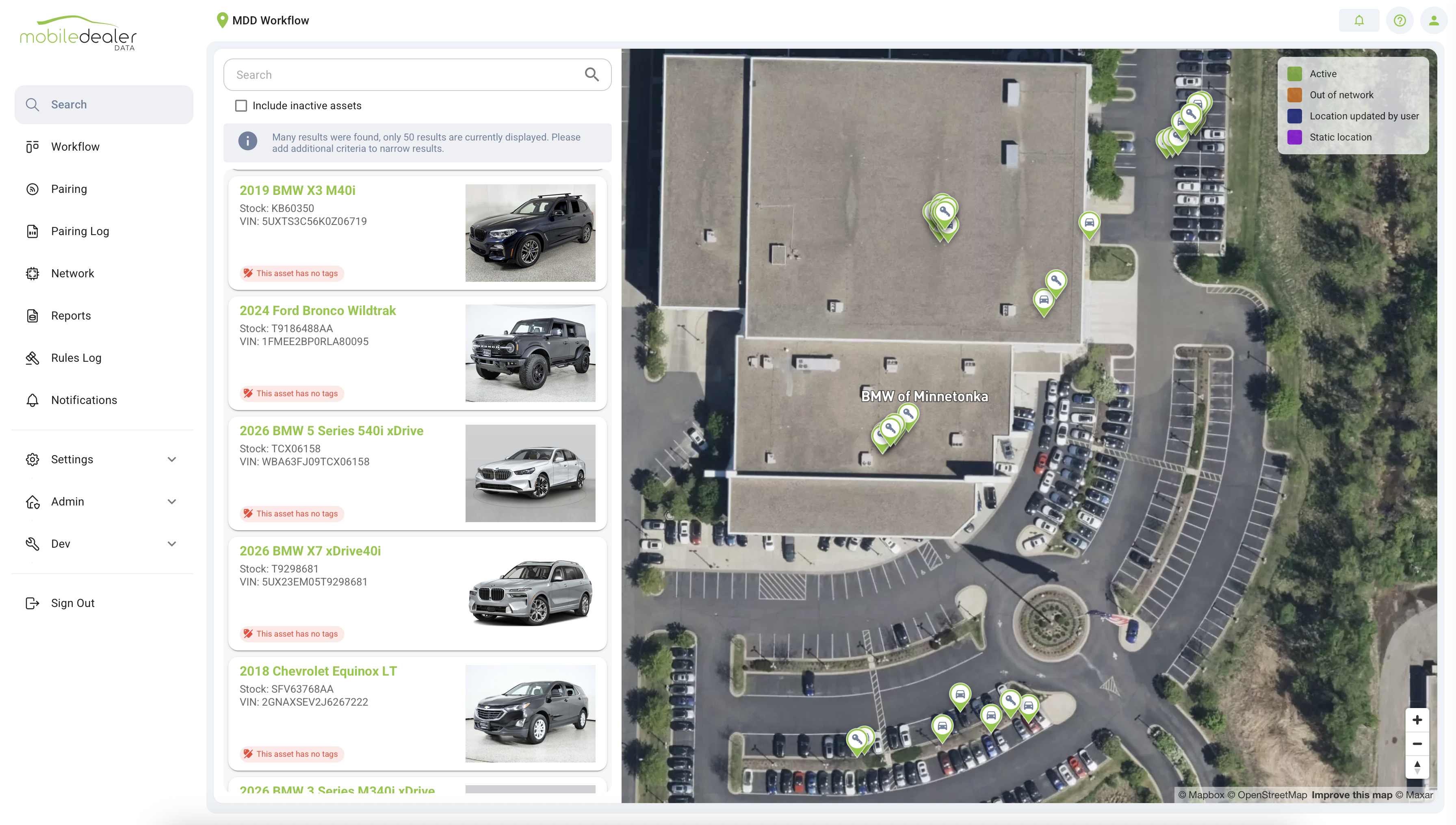 MDD Locate dashboard showing the real-time location of every vehicle and key on a dealership lot