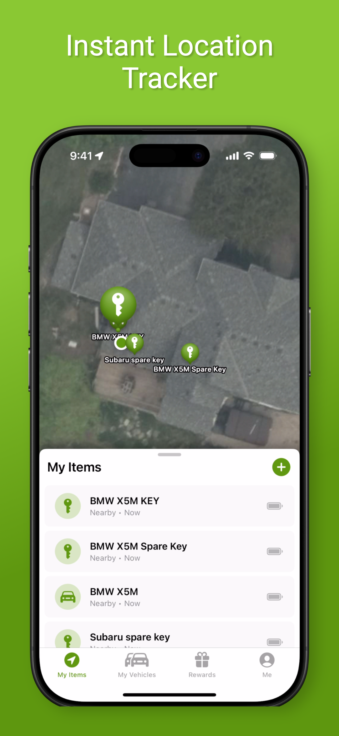 VehicleVault app — Instant Location Tracker showing keys on a map