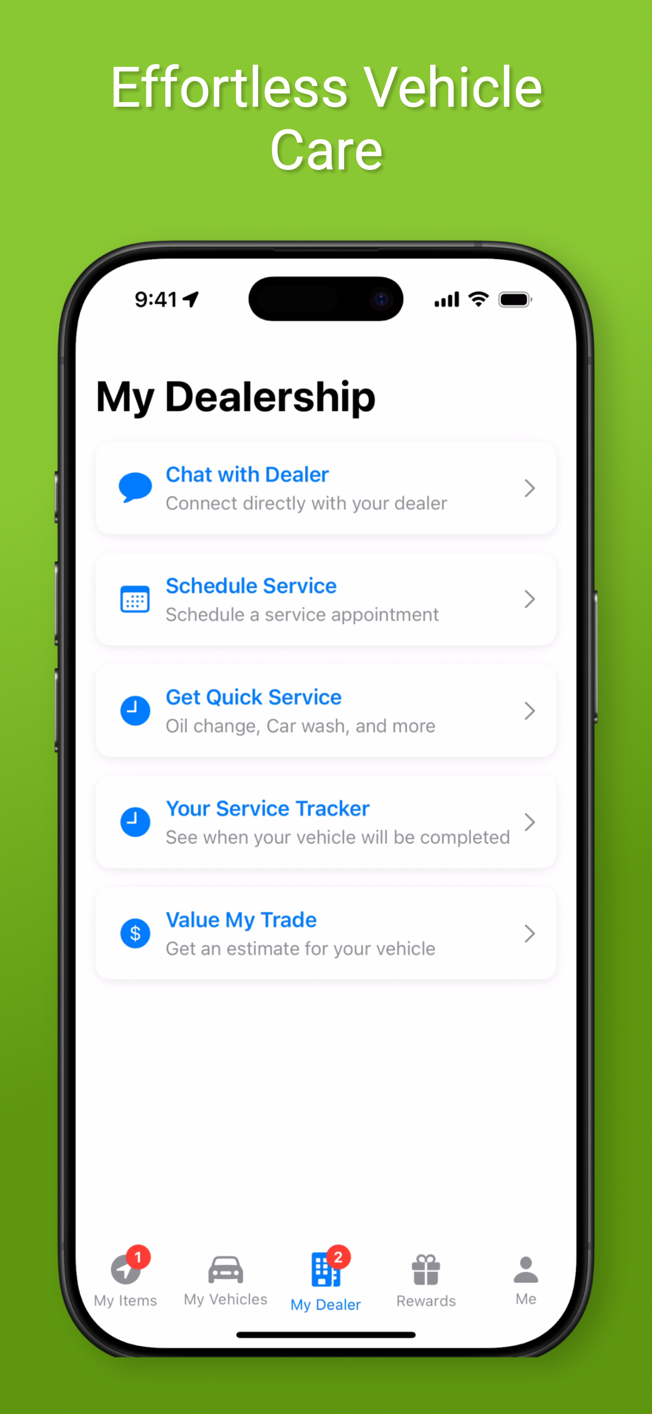 VehicleVault app — Effortless Vehicle Care, the dealer-branded My Dealership hub