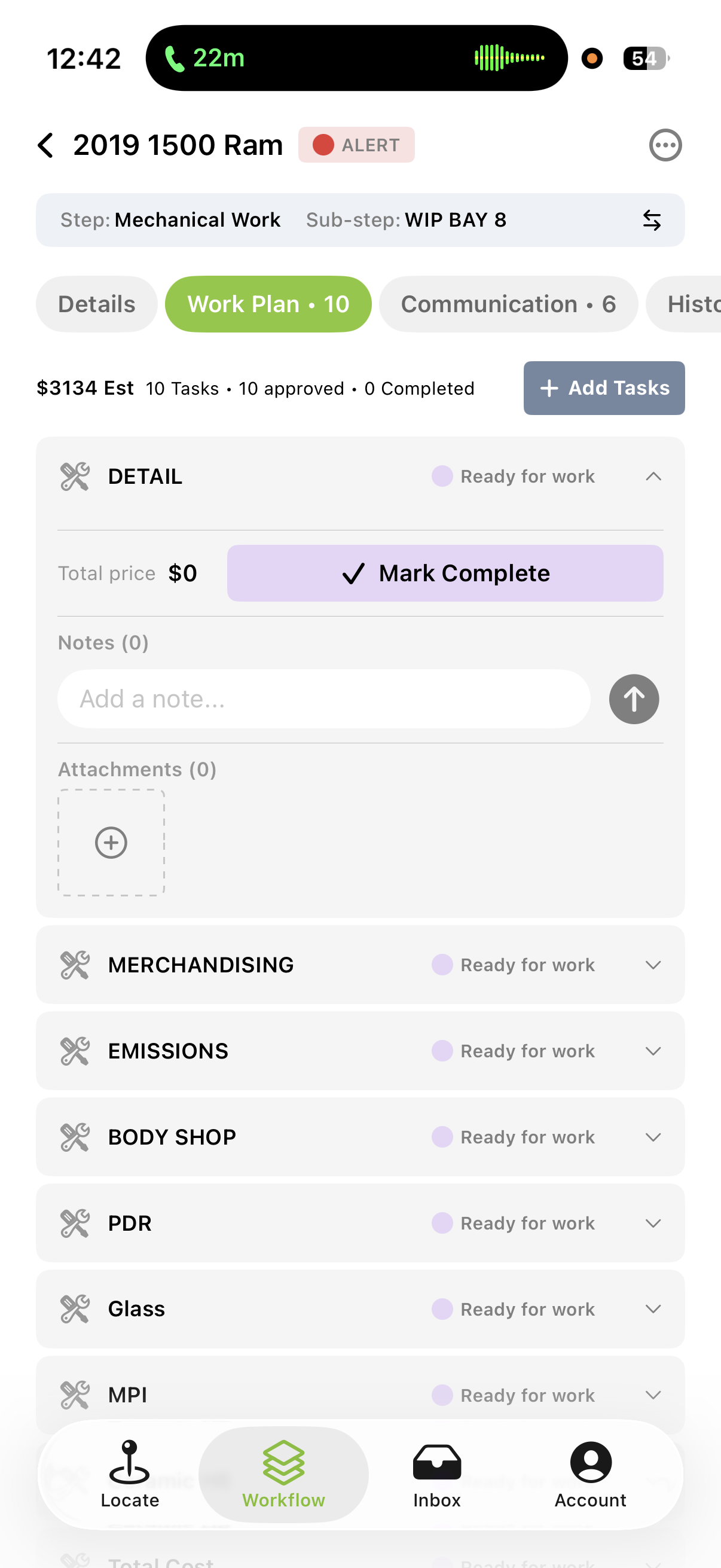 MDD Work Plan mobile app showing the day's recon tasks