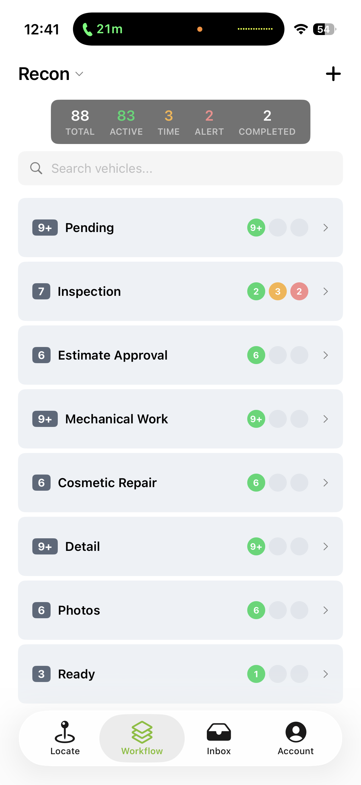 MDD Workflow mobile app showing a vehicle's current stage