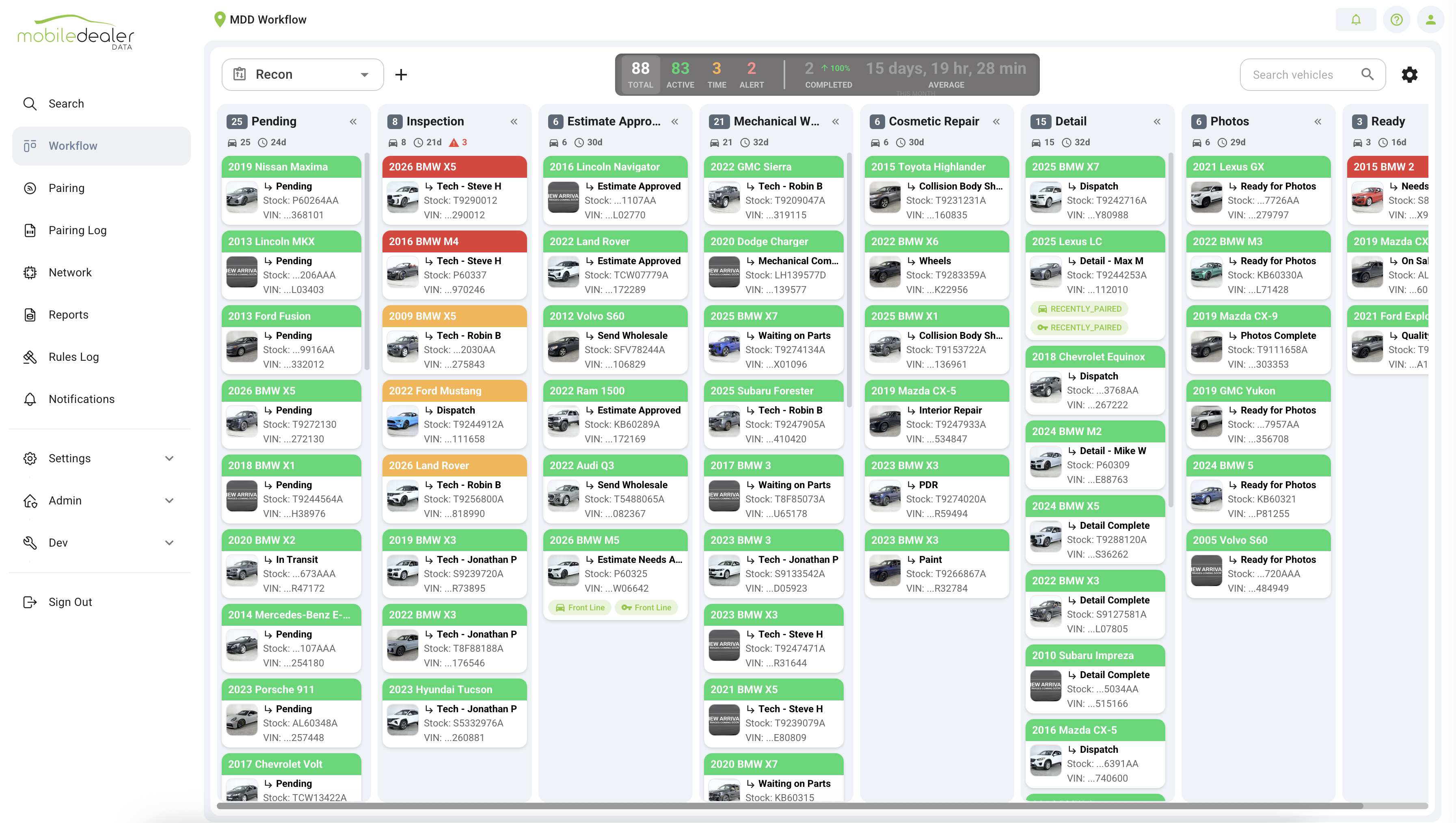 MDD Recon Workflow dashboard showing every used vehicle and its current reconditioning stage in real time